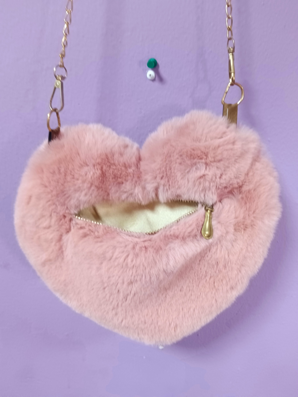SHEIN Pink Plush Heart Crossbody Bag with Gold Chain